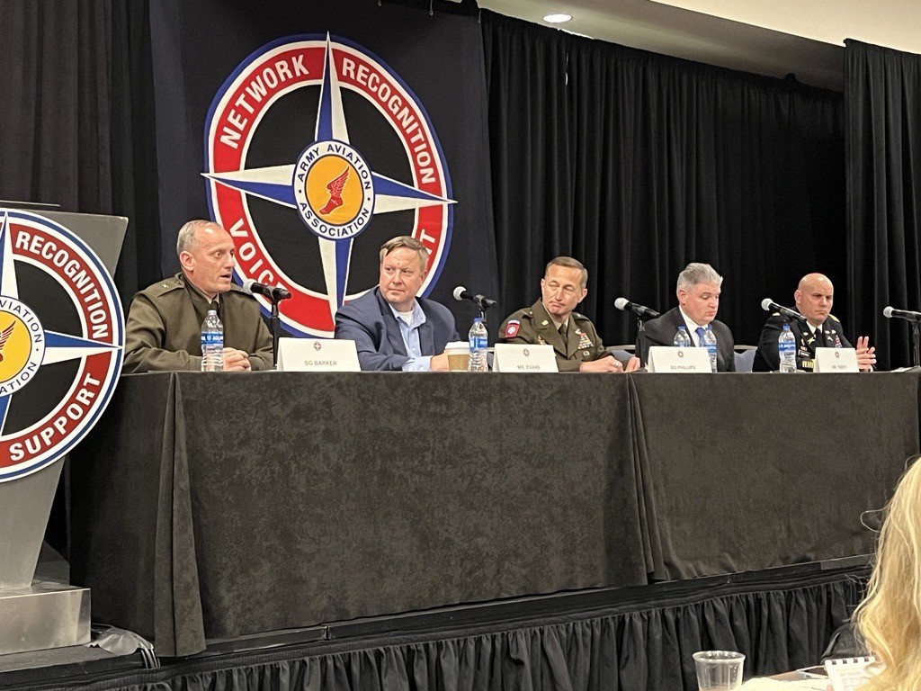 Brig. Gen. Ed Barker, PEO IEW&S, left, hosts a panel during Quad A: Modernized Sensors for Aerial ISR and Survivability. Participants include (l-r): Andrew Evans, Dir. ISR Tsk Force, Brig. Gen. David Phillips, PEO Aviation, Dennis Teefy, PD SAI, and Col. Brock Zimmerman, PM ASE. (U.S. Army photo by Allison Weissert)